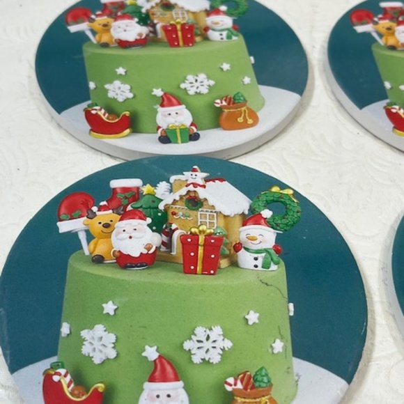 Six Holiday Themed Christmas Ceramic w/Cork Backing Coasters 4" - Picture 3 of 7